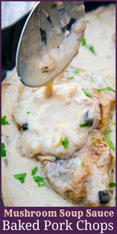 mushroom soup sauce baked pork chops in a skillet with a ladle scooping out