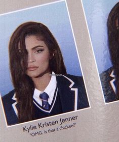 two pictures of a woman with long brown hair and wearing a school uniform, one is looking at the camera