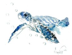 a watercolor painting of a sea turtle swimming in the ocean with bubbles on it's back