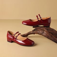 Olivia Mark - Classic Mary Jane Low Heel Pumps with Button Detail Leather Shoes Girly Fits, Rough Heels, Low Heel Pumps, Pig Skin, Heel Pumps, Olivia Mark, Wine Red, Button Detail, Low Heels