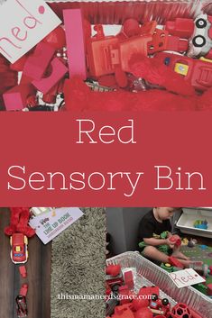 the red sensory bin is filled with toys and other things to make it fun