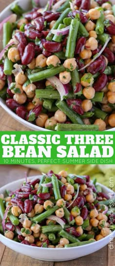 two bowls filled with bean salad on top of a wooden table