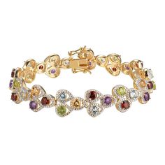 Colleen Lopez 18K Gold-Plated Multigemstone Rainbow Station Bracelet  Elevate your style when you accessorize with this sparkling colored gemstone bracelet. It features a rainbow of colored gemstones, including red garnet, yellow citrine, green peridot, purple amethyst and blue topaz, in a delightful design we think you'll love!       Approx. 7.25" x 12.4mm     Stamped .925; 18K yellow gold-plating     Box Clasp     Modified line bracelet design features round-cut, colored gemstones including ga Fine Jewelry Multicolor Gemstone Diamond Bracelet, Multicolor Gemstone Diamond Bracelet, Luxury Multicolor Gemstone Bracelets, Multicolor Gold Bracelet With Gemstones, Elegant Multicolor Multi-stone Tennis Bracelet, Elegant Multicolor Multi-stone Gold Bracelet, Multicolor Stone Bracelets In Fine Jewelry Style, Elegant Multicolor Diamond Bracelet As Gift, Multicolor Stone Bracelets Fine Jewelry