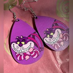 Cheshire Cat Weird Smile Purple Background Alice In Wonderland Character, Water Drop Shape Print Pendant Earrings, Wooden Jewelry, Fashion Earrings Cat Weird, Smile Purple, Weird Smile, Alice In Wonderland Characters, Purple Background, Cheshire Cat, Wooden Earrings, Purple Backgrounds, Water Drop