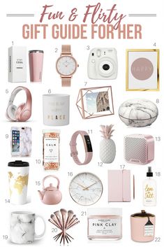 the gift guide for her is full of pink and white items, including coffee mugs,