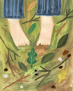 a drawing of two feet standing next to each other with leaves on them and a bug crawling in the grass