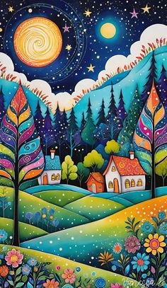 a painting of houses and trees with the moon in the sky above them, surrounded by stars