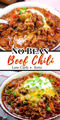 no - bean beef chili in a white bowl with a spoon full of meat and cheese