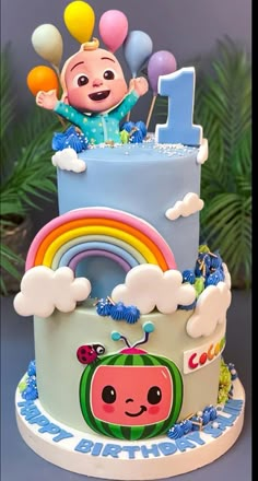 a birthday cake with an image of a baby in the center and balloons on top