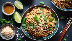 two bowls filled with noodles and garnished with cilantro