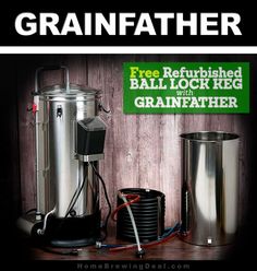 an advertisement for grainfather featuring two large stainless steel tanks