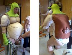 two pictures of people in costumes and one is wearing a turtle costume