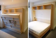 two pictures of a bed with built - in bookshelves