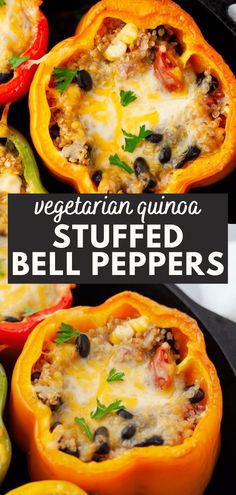 stuffed bell peppers in a cast iron skillet with text overlay that says vegetarian quinoa stuffed bell peppers