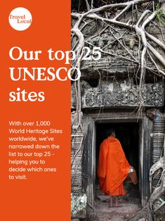 an orange robed monk standing in front of a doorway with vines growing over it