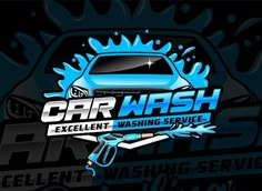 car wash logo with blue spray on the front and black back ground that says, car wash excellent washing service