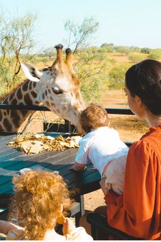 two children and an adult are feeding a giraffe