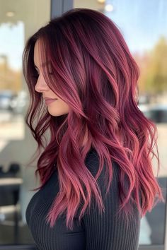 Burgundy Purple Balayage, Burgundy Hair With Pink, Died Hairstyles Hair Dye, Burgundy Pink Hair, Strawberry Pink Hair, Light Burgundy Hair, Pink Red Hair, Burgundy Hair Color Ideas