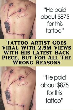 the back of a man's chest with tattoos on it and an ad for tattoo artist