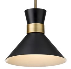 a black and gold pendant light hanging from a ceiling