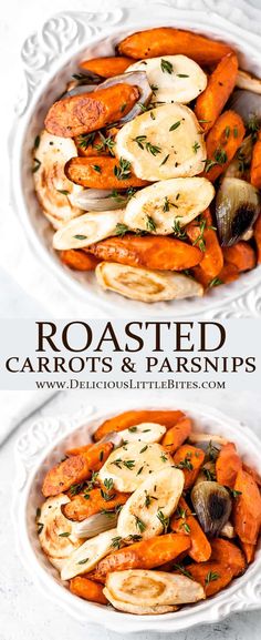 roasted carrots and parsnips in a white bowl with text overlay