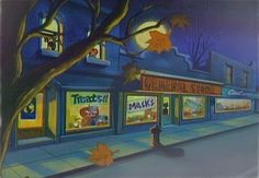 a painting of a store front at night with fall leaves on the tree and people walking down the sidewalk