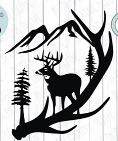 the silhouette of a deer in front of mountains and trees is shown on a wooden background