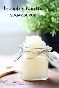 lavender vanilla sugar scrub in a glass jar