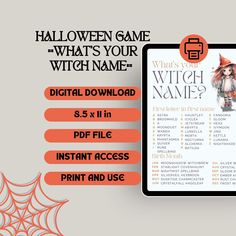 halloween game with witch name on the front and an orange spider webcam in the back