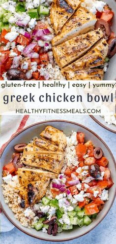 chicken and greek salad with text overlay