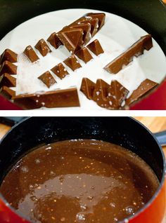 chocolate is being cut into pieces and put in a saucepan to make it look like they are melting