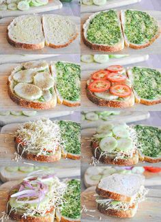 several pictures of different types of sandwiches with cheese and toppings on them, including broccoli