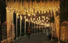 people are walking down a path covered in lights and trees with lanterns hanging from the ceiling