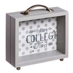 a gray and white box with a sign on it that says, future college fund