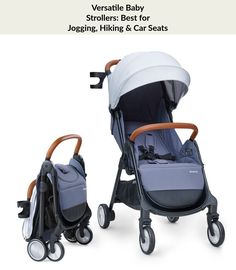 two baby strollers are shown in this advertisement