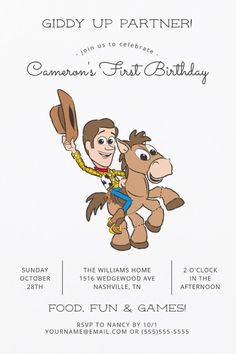 Toy Story Baby Woody 1st Birthday Invitation
Invite all your family and friends to your child's Toy Story themed Birthday with these sweet invites Woody. Personalize by adding all your party details. Toy Story Theme Invitations, Toy Story Invitations, Baby Birthday Party Theme, Toy Story Baby, 1st Birthday Party Invitations, Baby Boy First Birthday