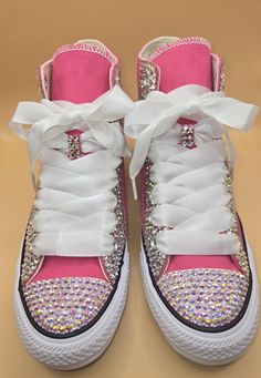 Custom Designed Brand New Hightop Classic Converse Sneakers Made To Order. Choose Your Color Sneakers, Rhinestones & Satin Shoe Laces. Pink High-top Sneakers With Rhinestones, Bedazzled Converse, Bling Sneakers, Bling Nike Shoes, Converse Design, Bedazzled Shoes, Teen Crafts, Classic Converse, Tie Sneakers