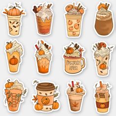 a set of stickers with different types of drinks and pumpkins on the top