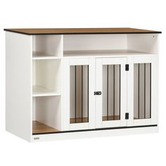 a white cabinet with two doors and shelves