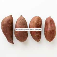 three different types of sweet potatoes on a white background with the words murashika japanese sweet potatoes