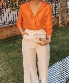 Orange Pants Business Casual, Business Casual Outfits Orange, Orange Polo Outfit Woman, Orange Business Casual Outfits, Apricot Pants Outfit, Orange Business Outfit