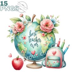 the teacher's apple with flowers and pencils is next to an apple bag