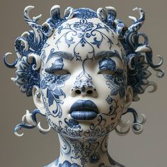 a woman's face is covered in blue and white art work, with intricate details