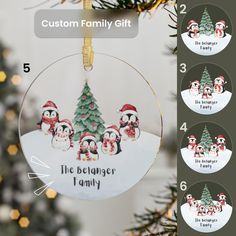 the penguin family ornament is hanging from a christmas tree with instructions to make it