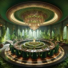 a large circular dining room with green chairs