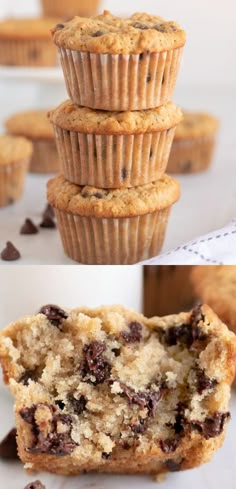 there are several muffins stacked on top of each other and one is half eaten