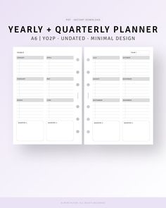 the printable weekly planner is shown on a white background with text that reads, yearly and quarter planner