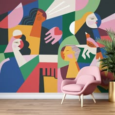 a pink chair sitting in front of a colorful wall mural