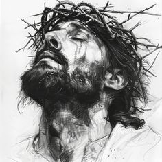 a black and white drawing of jesus with crown of thorns on his head