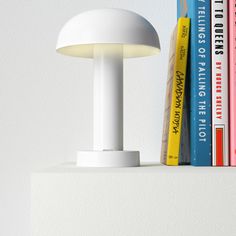 a white table lamp sitting on top of a shelf next to books and a book case